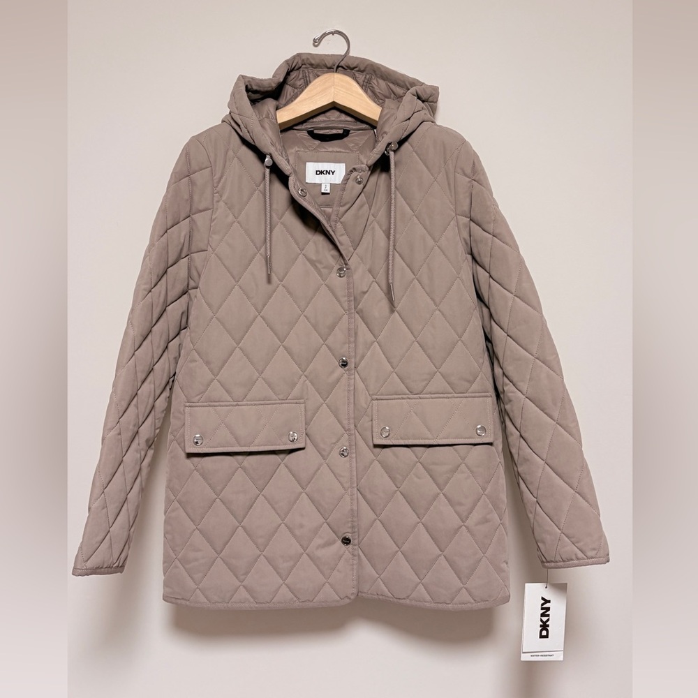 DKNY taupe longline quilted jacket sz s small new